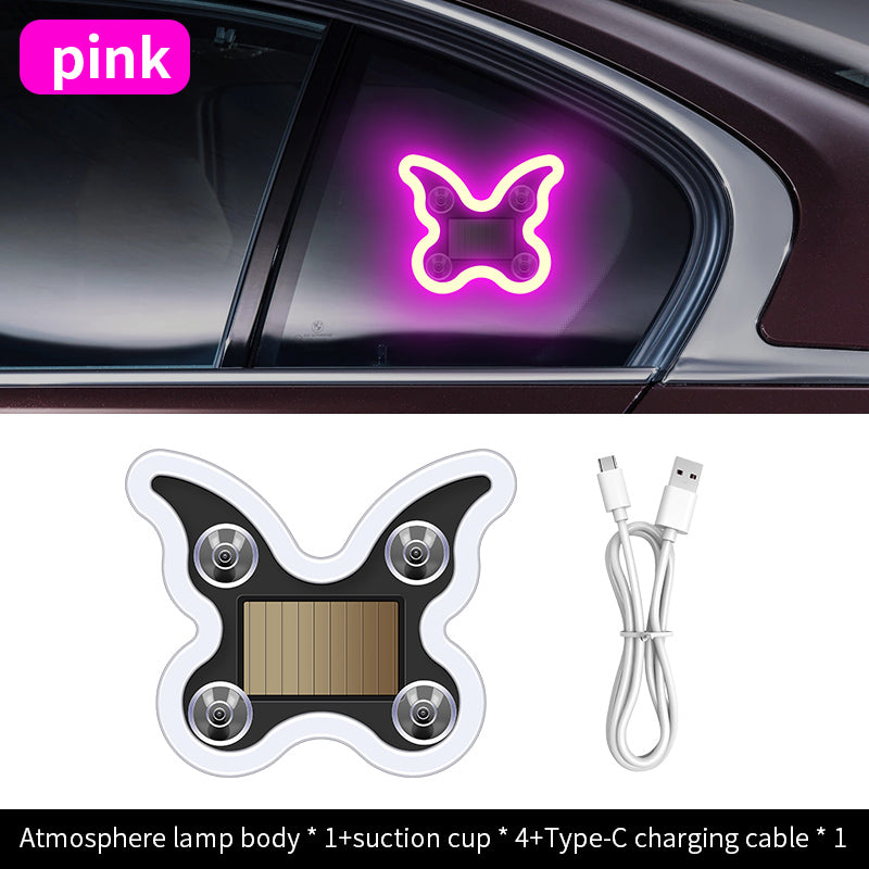 Car mounted solar LED butterfly lights without wiring, triangular windows with wireless neon lights, C-pillar ambient interior decoration lights