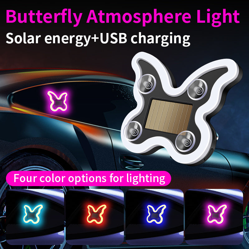 Car mounted solar LED butterfly lights without wiring, triangular windows with wireless neon lights, C-pillar ambient interior decoration lights
