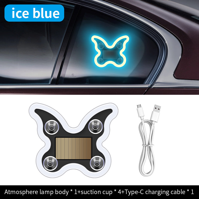 Car mounted solar LED butterfly lights without wiring, triangular windows with wireless neon lights, C-pillar ambient interior decoration lights
