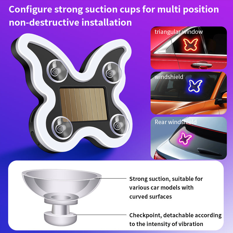 Car mounted solar LED butterfly lights without wiring, triangular windows with wireless neon lights, C-pillar ambient interior decoration lights