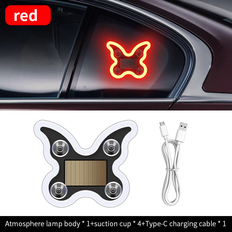 Car mounted solar LED butterfly lights without wiring, triangular windows with wireless neon lights, C-pillar ambient interior decoration lights