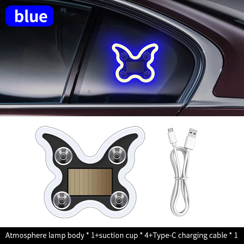 Car mounted solar LED butterfly lights without wiring, triangular windows with wireless neon lights, C-pillar ambient interior decoration lights