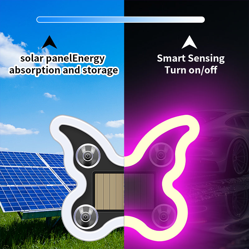 Car mounted solar LED butterfly lights without wiring, triangular windows with wireless neon lights, C-pillar ambient interior decoration lights