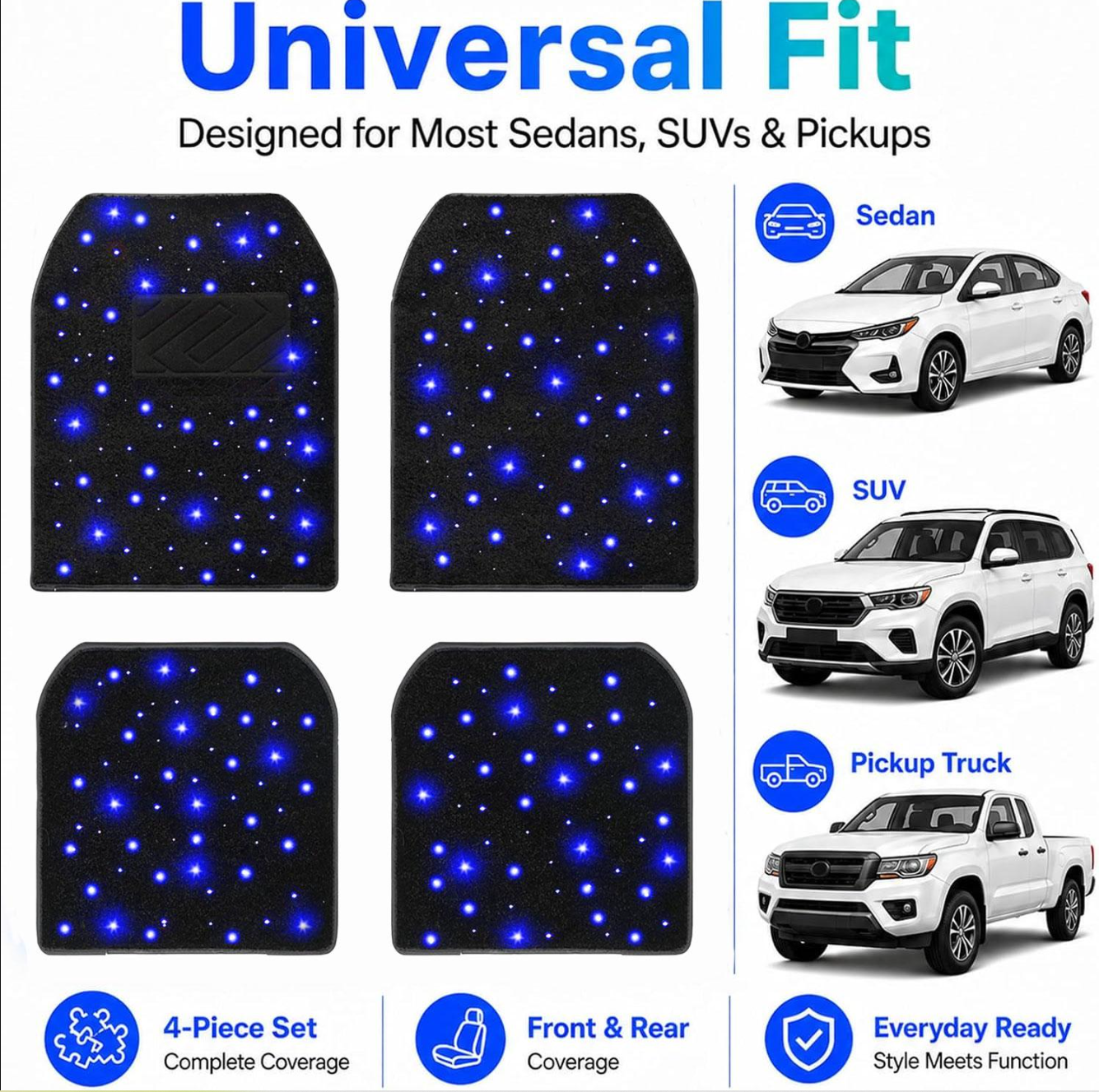 Starlight Floor Mats for Car - Universal Fit, Starlight LED Floor Mats App Control, Waterproof Washable Creates A Romantic Atmosphere for Dates - USB Cable,LED Car Ambient Light，Cool Car Stuff for Women