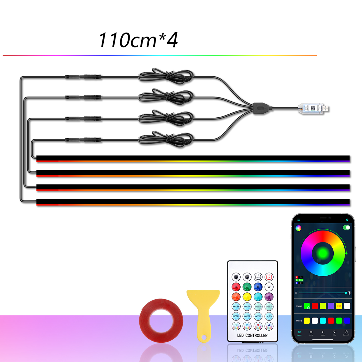 Car Interior Ambient Lights RGB Symphony Atmosphere Light Remote APP Control USB Acrylic Strips with Music Sync Rhythm APP Control RGB Neon Lighting for All Cars