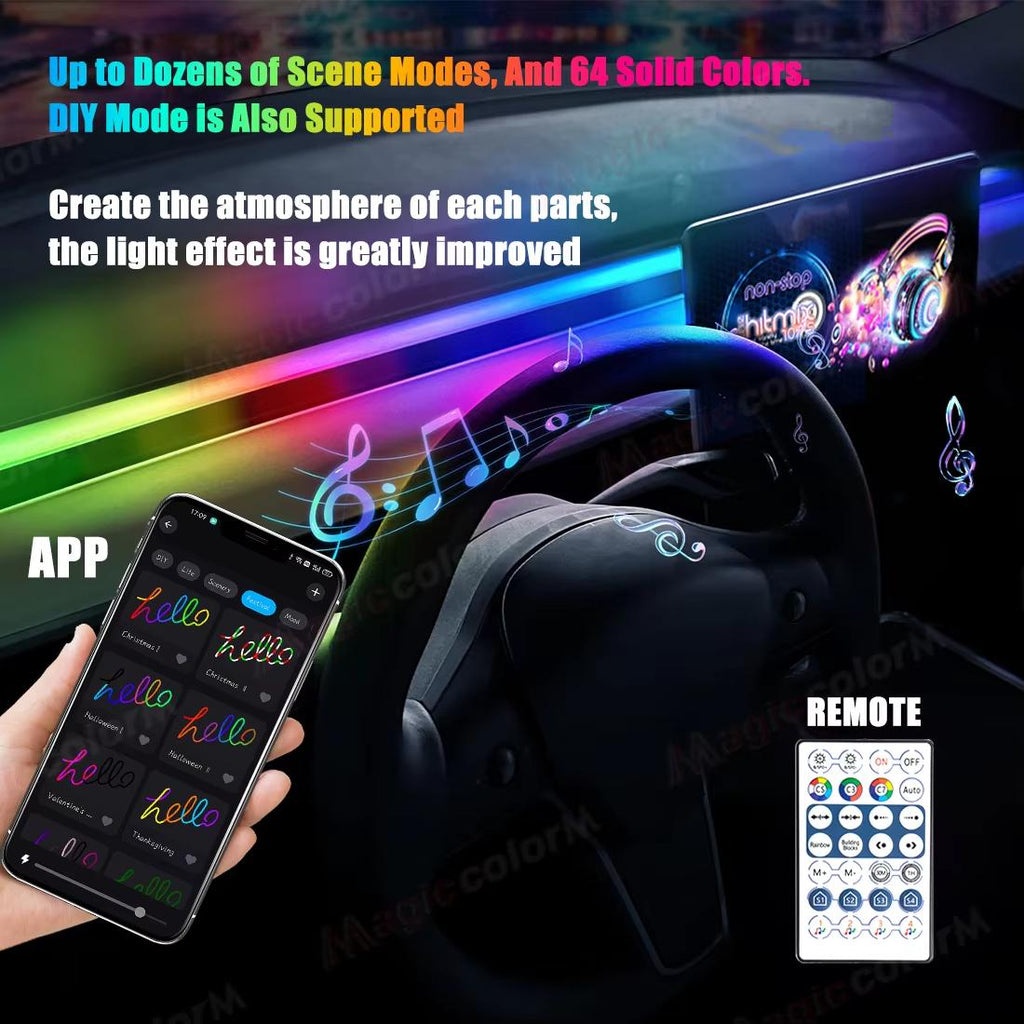 Car Interior Ambient Lights RGB Symphony Atmosphere Light Remote APP Control USB Acrylic Strips with Music Sync Rhythm APP Control RGB Neon Lighting for All Cars