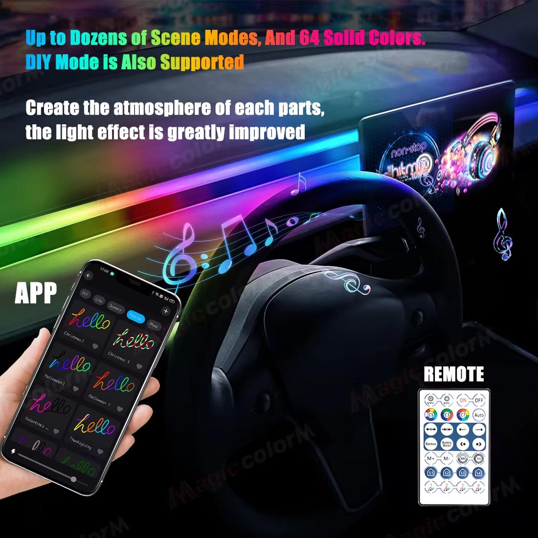 Car Interior Ambient Lights RGB Symphony Atmosphere Light Remote APP Control USB Acrylic Strips with Music Sync Rhythm APP Control RGB Neon Lighting for All Cars