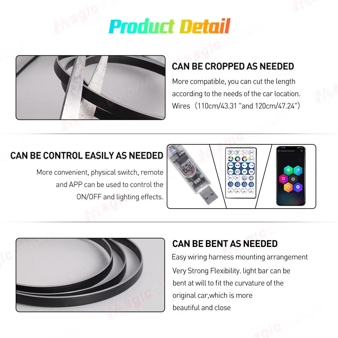 Car Interior Ambient Lights RGB Symphony Atmosphere Light Remote APP Control USB Acrylic Strips with Music Sync Rhythm APP Control RGB Neon Lighting for All Cars